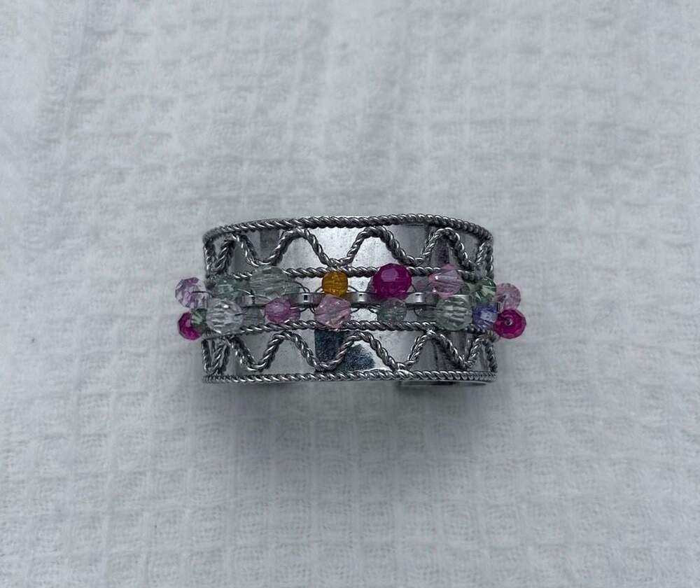 Silver tone Multi Color Bead Wide Cuff Bracelet